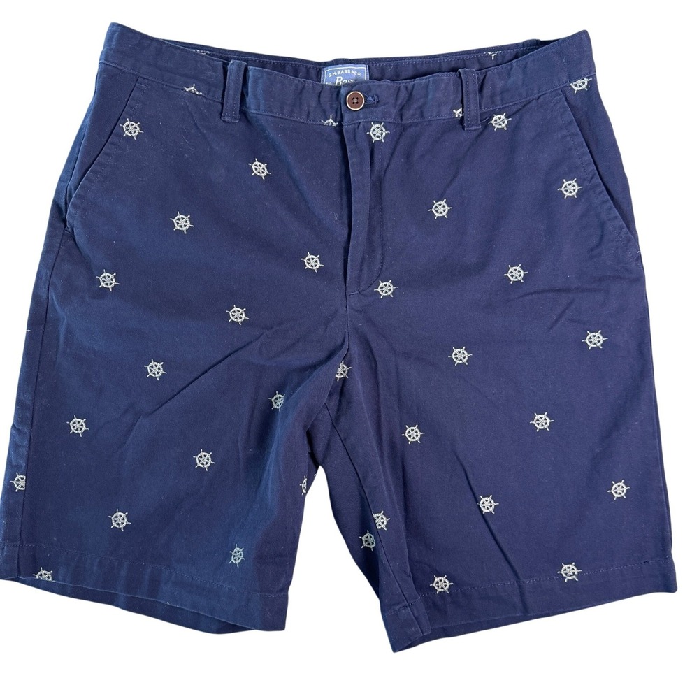 GH Bass Mens Navy Blue Nautical Ship Wheel Embroidered Chino‎ Shorts Size 36